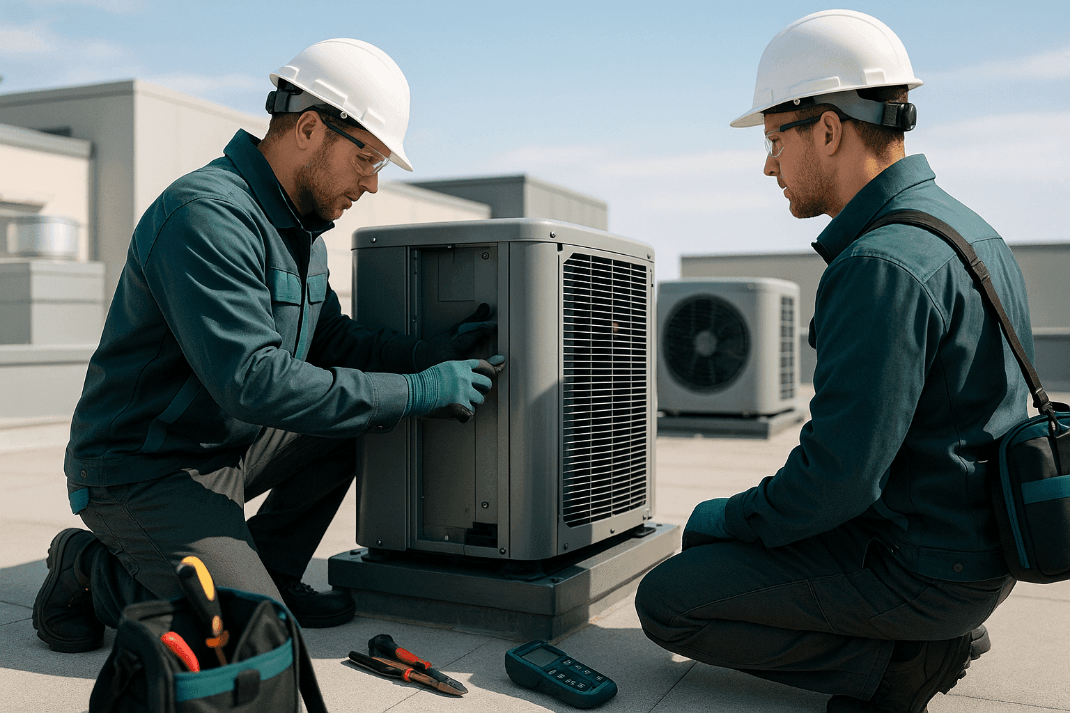 Two OSHA-compliant HVAC technicians inspecting a rooftop unit on a clean residential or commercial roof