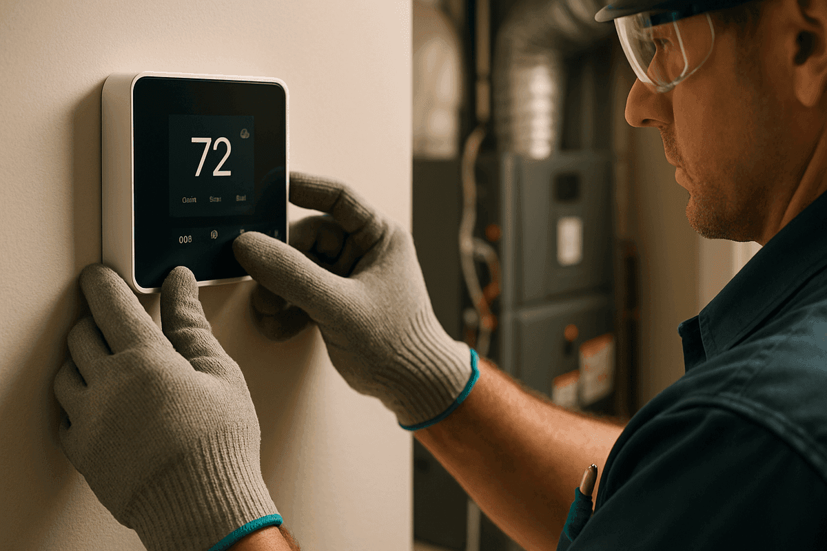 Close-up of HVAC technician's gloved hands adjusting a modern thermostat indoors
